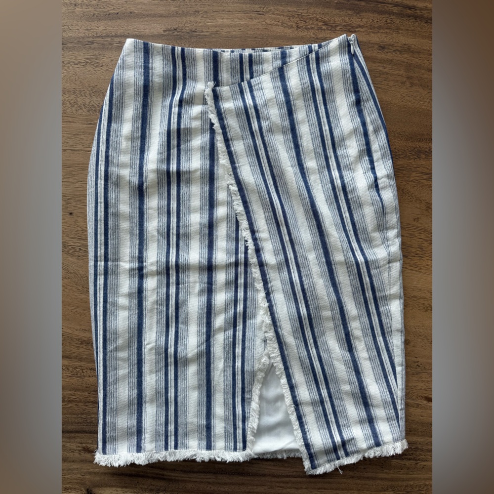 Moon River Navy and White Striped Midi Skirt